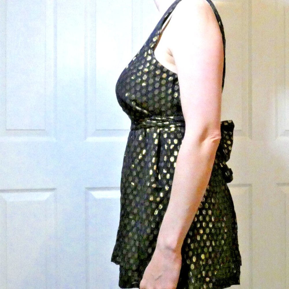 Black Silk Blouse Chiffon Layers Gold Polka dots Party Valentine Day Size M - Picture 3 of 11